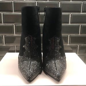 Black Faux Suede and Rhinestone Stiletto Booties